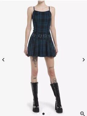 Hot Topic Social Collision Blue Plaid Spaghetti Strap Hardware Mini Dress